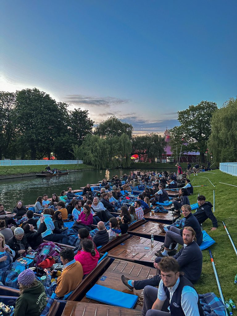 boats ready to watch the fireworks at the May Ball events at Cambridge