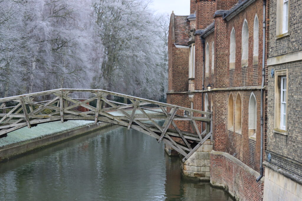 Queen's College Cambridge Mathematical Bridge frosted in winter