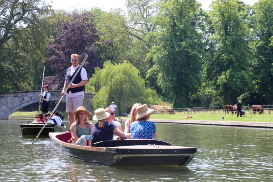 Private punting tour of friends in new punting boats from Let's Go Punting in summer