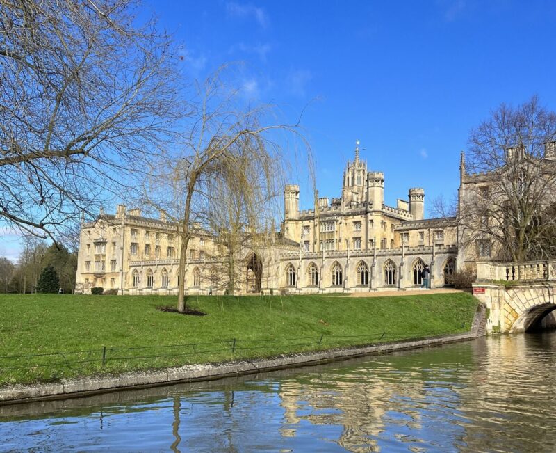 St Johns College Cambridge view from the River Cam in winter on a bright day