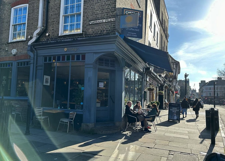 Bridges Cafe Cambridge shot of the outside on the corner of Bridge Street