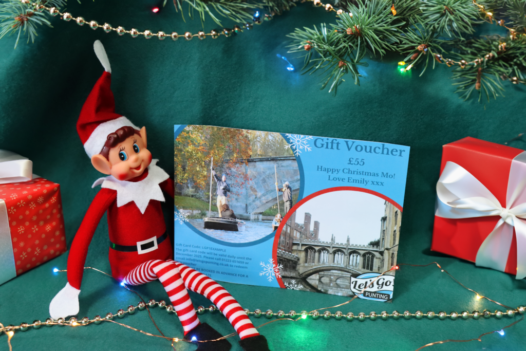 elf on a shelf sat next to a Let's Go Punting voucher under a Christmas tree