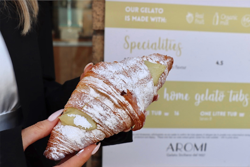 A croissant filled with pistachio cream at Aromi Cambridge