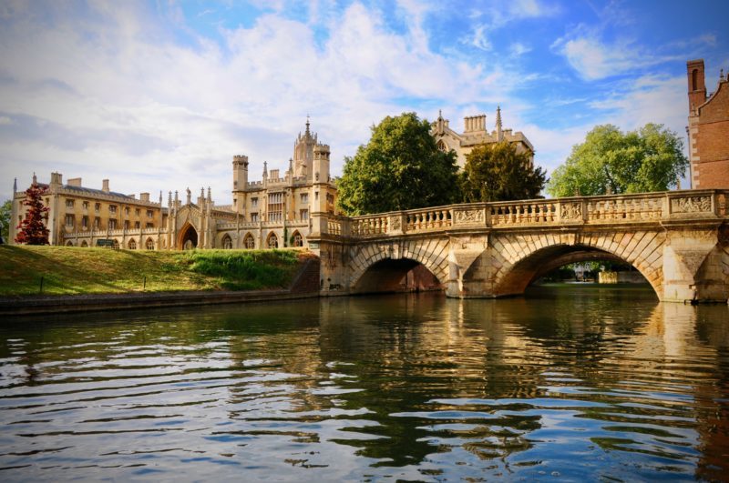 Gothic Revival New Court of St John's College seen from the River Cam on a sunny day