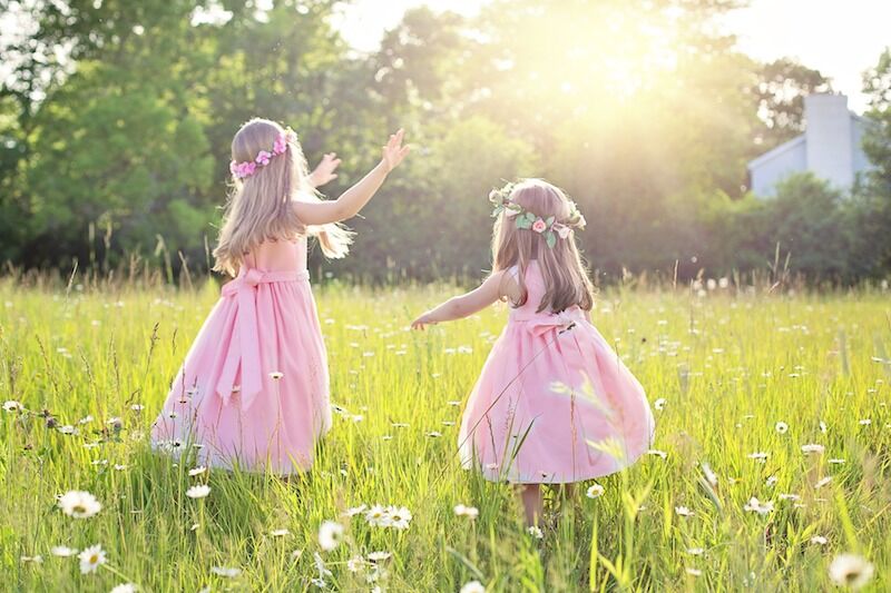 Two little girls in pink dresses and flower crowns playing in a sunny meadow.