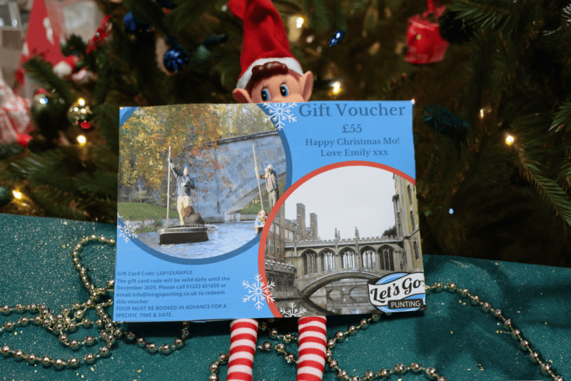 Christmas voucher for punting in Cambridge held by an elf beside a decorated tree.