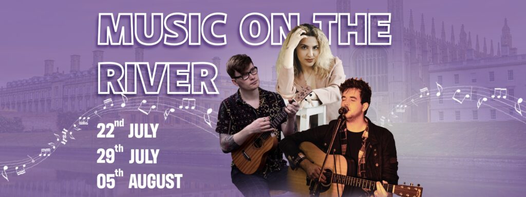 Purple Music on the River 2022 banner featuring three performers and dates 22nd July to 5th August.