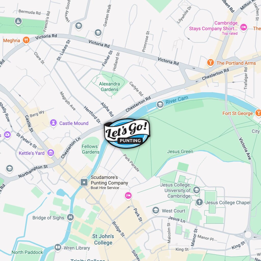 Street map of central Cambridge marking the Let's Go Punting location by Jesus Green.