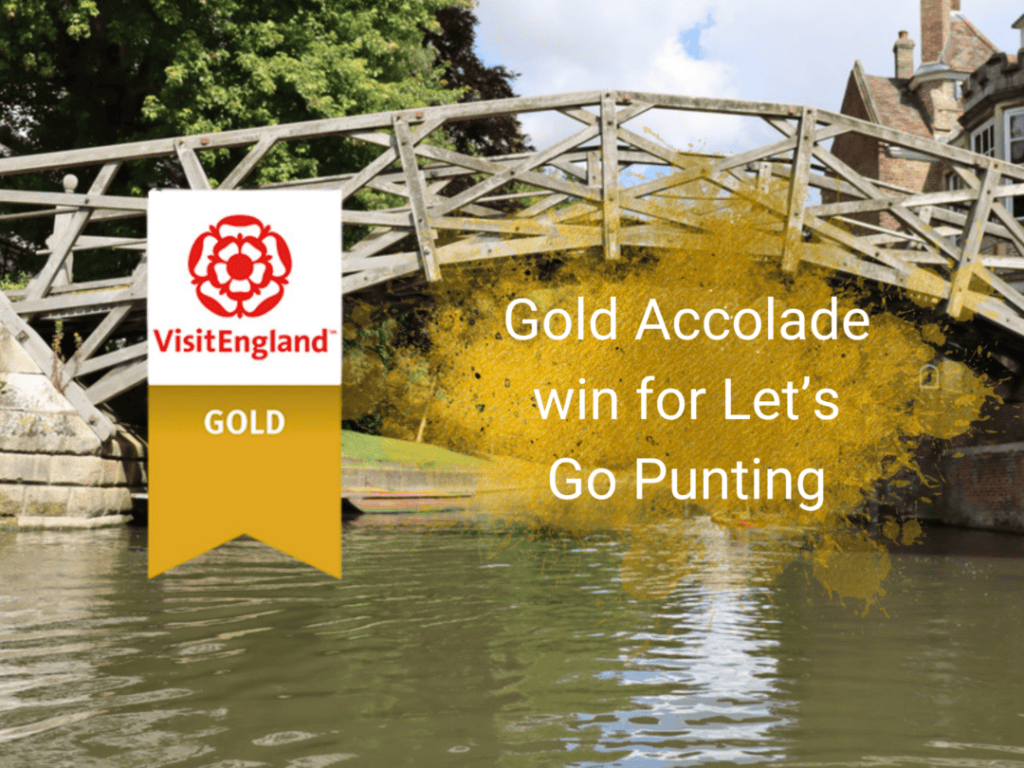 VisitEngland Gold badge over the Mathematical Bridge announcing Let's Go Punting's Gold Accolade win.