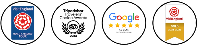 VisitEngland Quality Assured, Tripadvisor Travellers' Choice, Google rating and VisitEngland Gold badges.
