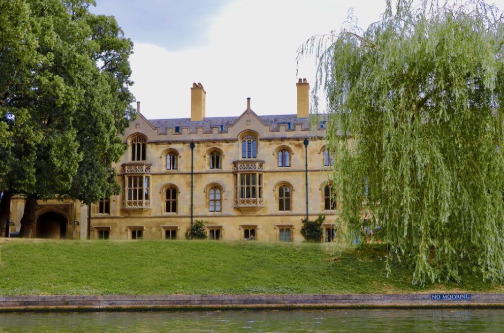Trinity College building seen across the River Cam framed by trees and a weeping willow