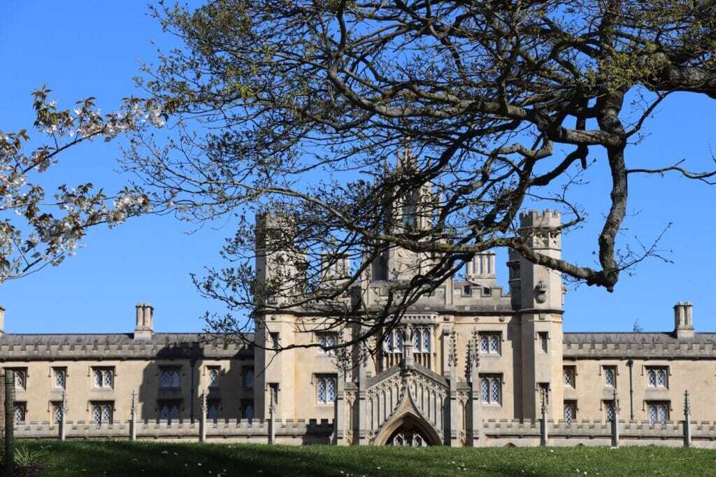 St John's College New Court under a clear blue sky, framed by branches of spring blossom
